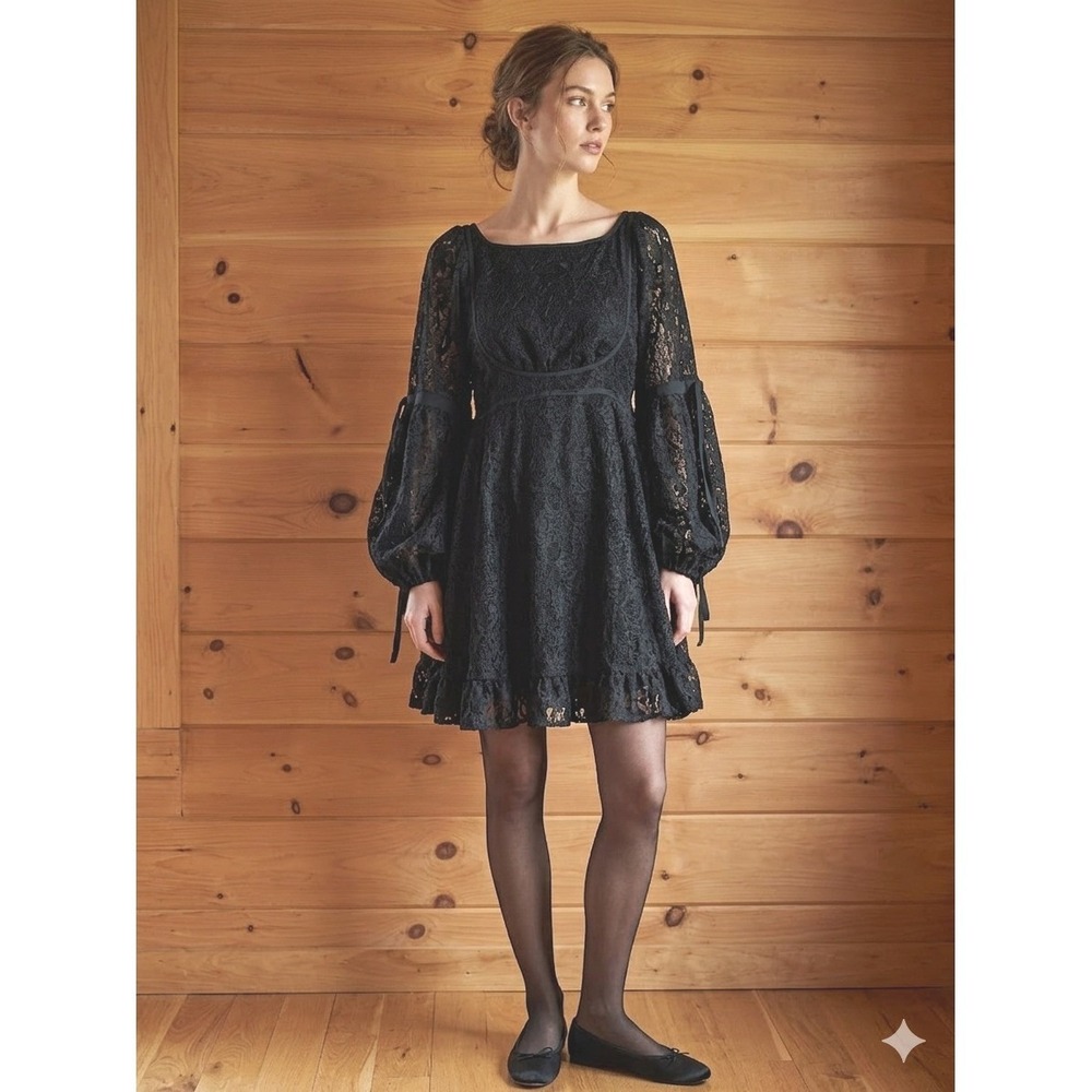 Free People Ruby Mini Dress L Whimsigoth Romantic Lace Bell Sleeve Tie Grunge